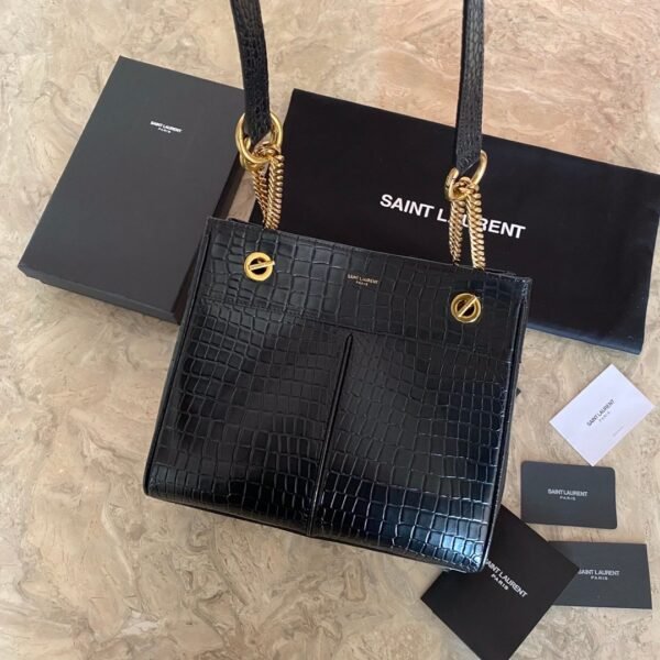 YSL Saint Laurent classic reproduction crocodile pattern shopping bag with detachable chain, bronze metal chain