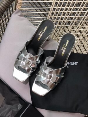 TRIBUTE HEELED MULES IN CROCODILE-EMBOSSED SHINY LEATHER