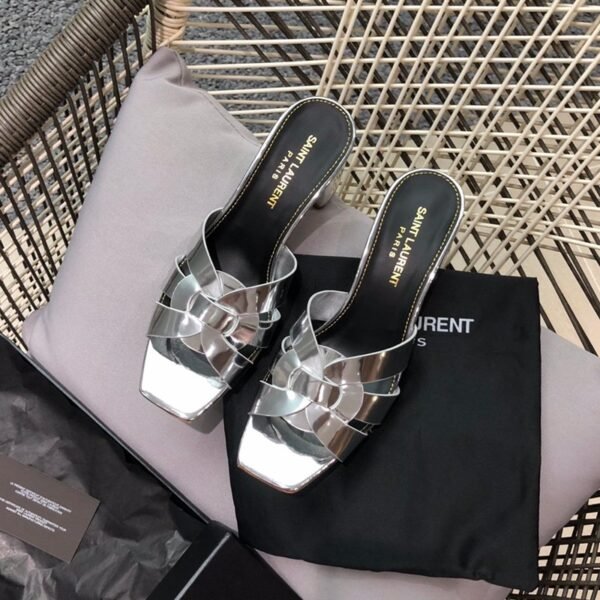 TRIBUTE HEELED MULES IN CROCODILE-EMBOSSED SHINY LEATHER