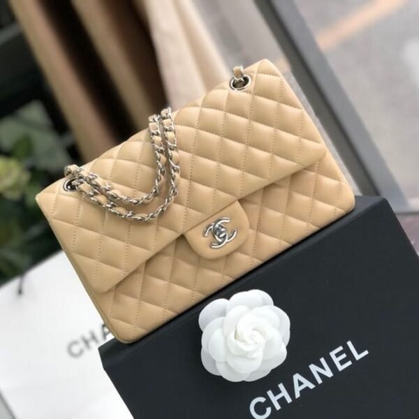 Chanel Classic Handbag Silver Hardware Beige?For Women, Women’s Bags, Shoulder And Crossbody Bags 10.2in/26cm A01112
