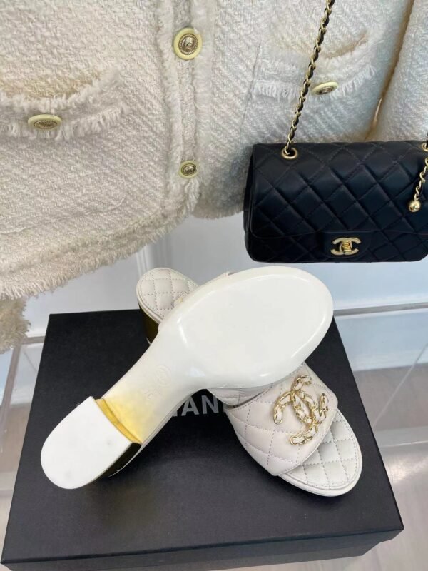Chanel REV White Lambskin Quilted CC Gold Logo Cone Heel Mule Slide Sandal