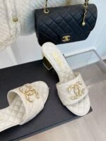 Chanel REV White Lambskin Quilted CC Gold Logo Cone Heel Mule Slide Sandal