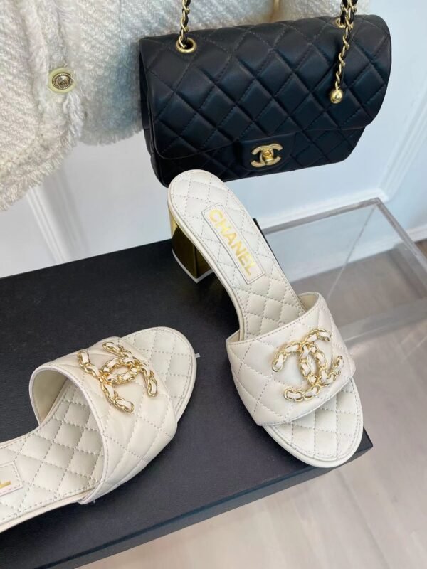 Chanel REV White Lambskin Quilted CC Gold Logo Cone Heel Mule Slide Sandal