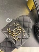 CHANEL 2023 BLACK GOATSKIN SHINY LEATHER GOLD CC SLIDES HIGH HEELS