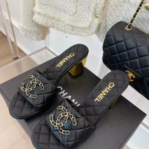 CHANEL 2023 BLACK GOATSKIN SHINY LEATHER GOLD CC SLIDES HIGH HEELS