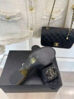 CHANEL 2023 BLACK GOATSKIN SHINY LEATHER GOLD CC SLIDES HIGH HEELS