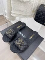CHANEL GOATSKIN SHINY LEATHER GOLD CC FLAT SANDALS