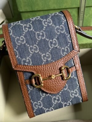 Gucci Horsebit 1955 Mini Bag Blue And Ivory GG Denim Jacquard For Women 6.7in/17cm 625615 2KQGG 8375