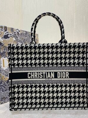 Christian Dior Large Dior Book Tote Black Houndstooth Embroidery, Black/White, For Women Women’s Handbags, Shoulder Bags, 42cm CD