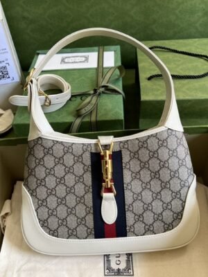 Gucci Jackie 1961 Small Shoulder Bag Beige And Ebony GG Supreme Canvas For Women 11in/28cm 636706 HUHHG 9794