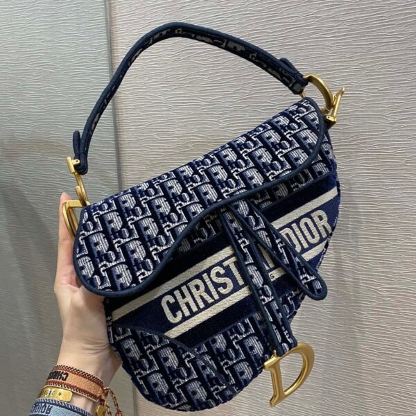 Christian Dior Saddle Bag Blue Oblique Canvas Gold Toned Hardware For Women 25cm/10in CD