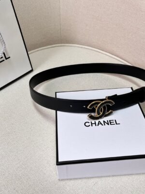 Black Quilted Leather CC Logo Belt