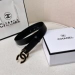 Black Quilted Leather CC Logo Belt